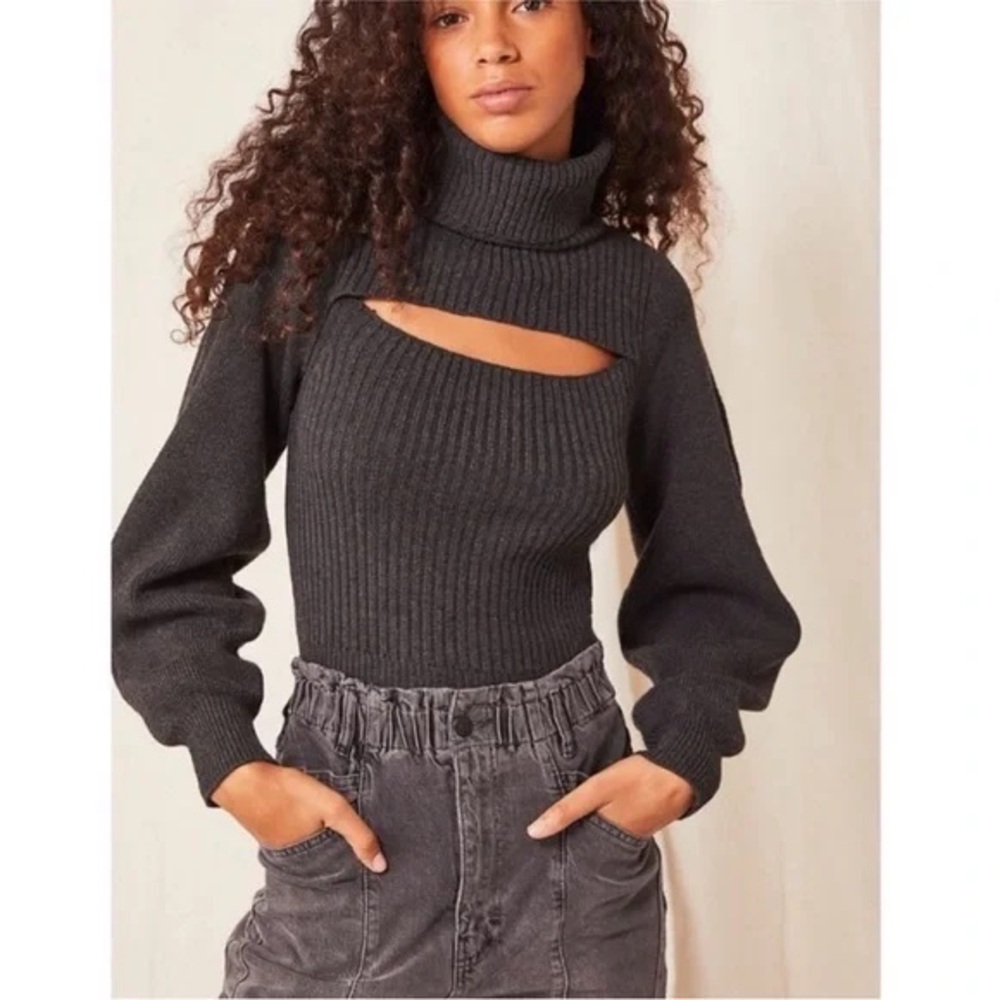 Free People Ariel Turtleneck Knit Sweater in Carbon Copy XL